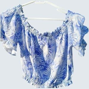 🦋OCEAN DRIVE Cropped floral design balloon sleeves blue white boho Size M